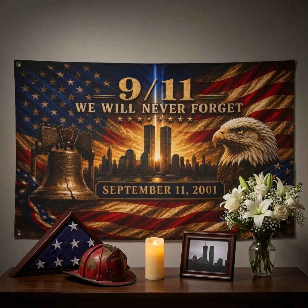9/11 Never Forget Flag, September 11 Memorial Flag, Double Sided Grommet 911 Remembrance Flag, Patriotic Eagle Liberty Bell Decor