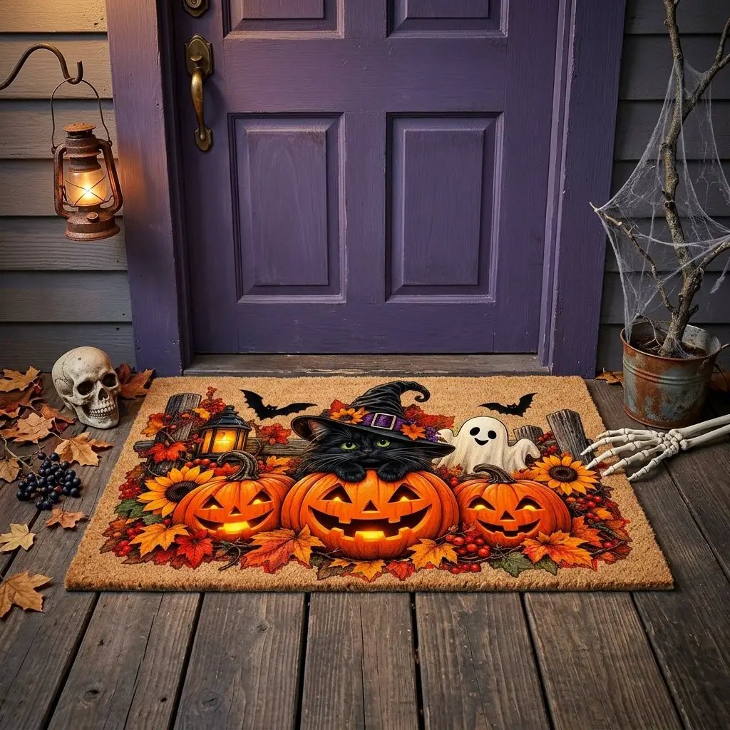 Halloween Cat Doormat, Black Cat Pumpkin Coir Mat, Cute Ghost Welcome Mat, Witch Cat Fall Porch Decor, Spooky Halloween Door Mat