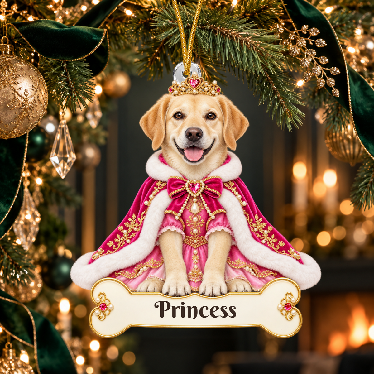 Personalized Princess Dog Ornament from Photo, Custom Pet Portrait Acrylic Cutout, Pink Royal Puppy Christmas Ornament, Dog Mom Gift