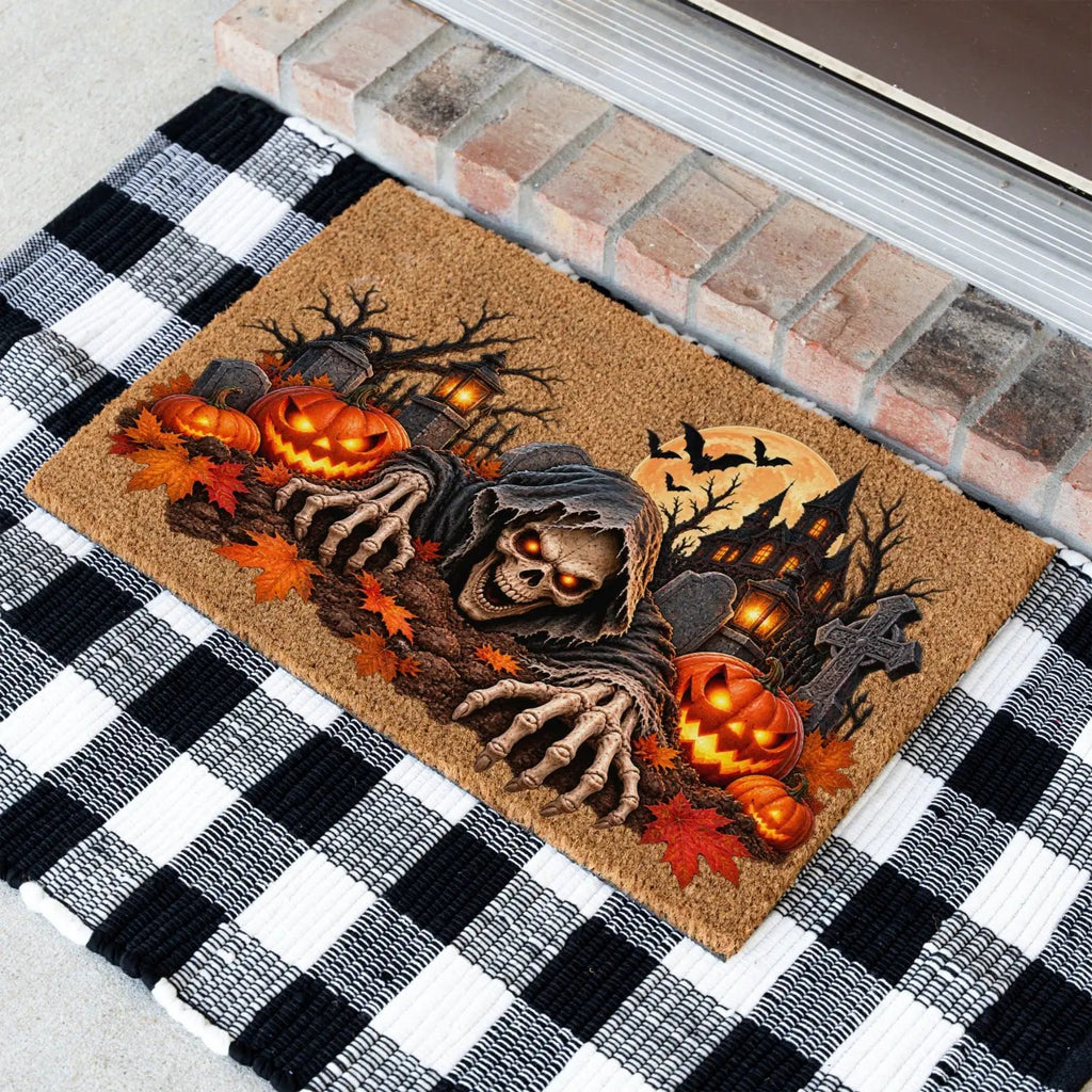 Creepy Skeleton Doormat, Grim Reaper Halloween Coir Mat, Scary Jack O Lantern Welcome Mat, Haunted House Spooky Porch Decor