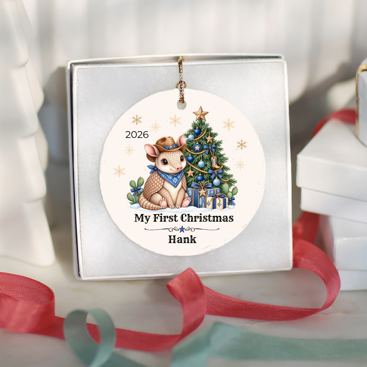 Personalized Baby Armadillo Christmas Ornament, Baby's First Christmas, Western Cowboy Cowgirl Baby Gift, Custom Name Year, Blue or Pink