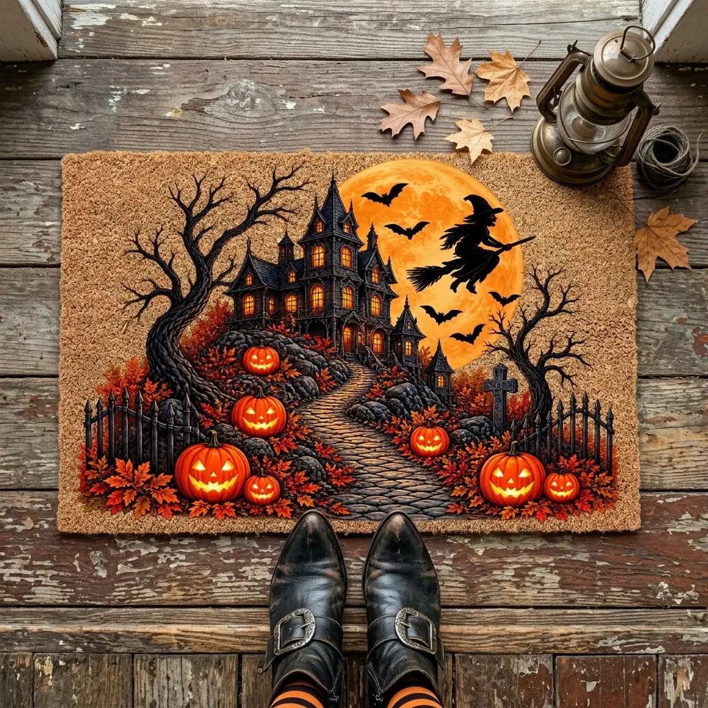 Haunted House Doormat, Halloween Witch Welcome Mat, Spooky Mansion Coir Doormat, Jack O Lantern Door Mat, Gothic Halloween Porch Decor