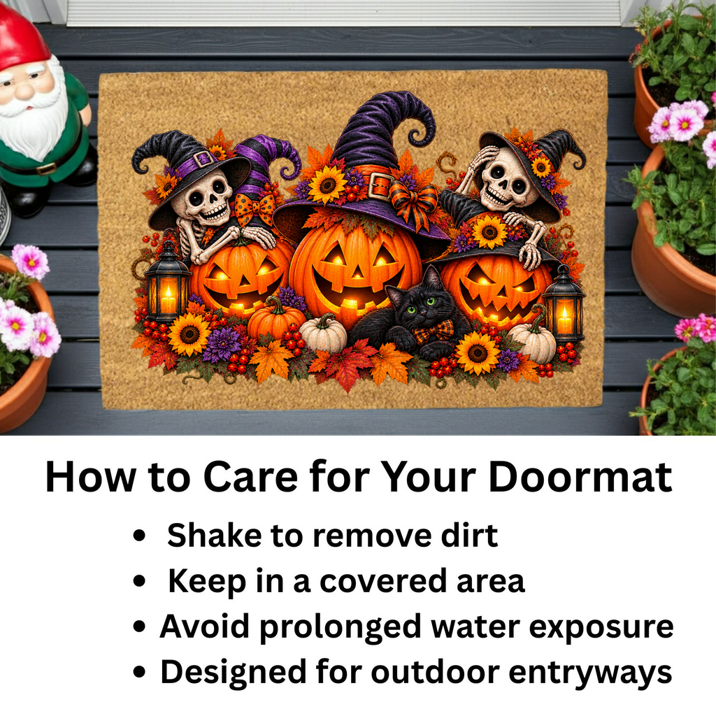 Halloween Skeleton Doormat, Jack O Lantern Coir Mat, Skeleton & Black Cat Welcome Mat, Spooky Fall Porch Decor, Halloween Door Mat