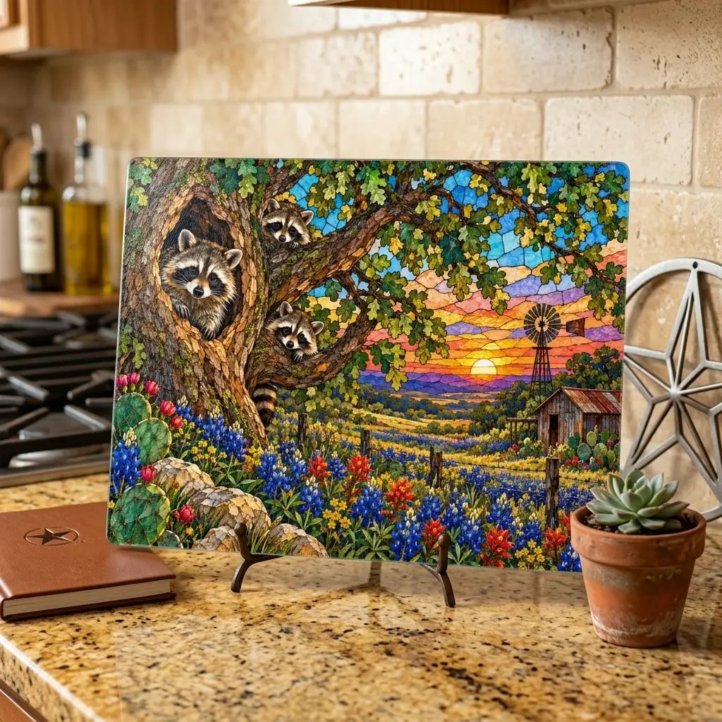 Raccoon Family Glass Cutting Board, Raccoon Lover Gift, Texas Bluebonnet Kitchen Decor, Country Wildlife Cutting Board, Rustic Farmhouse Gift
