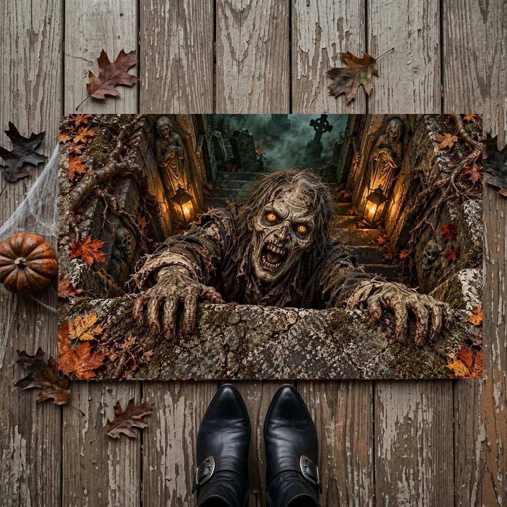 Zombie 3D Illusion Doormat, Graveyard Halloween Door Mat, Undead Zombie Welcome Mat, Haunted Crypt Optical Illusion, Spooky Porch Decor
