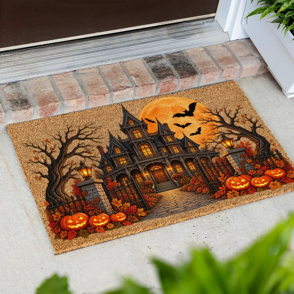 Haunted House Halloween Doormat, Gothic Mansion Coir Welcome Mat, Spooky Fall Porch Decor, Pumpkin Front Door Mat, Halloween Entryway