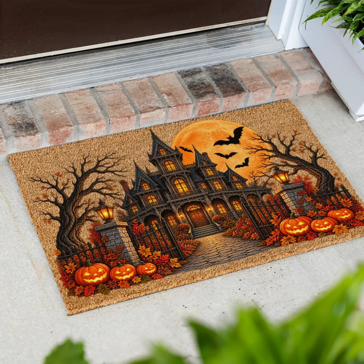 Haunted House Halloween Doormat, Gothic Mansion Coir Welcome Mat, Spooky Fall Porch Decor, Pumpkin Front Door Mat, Halloween Entryway