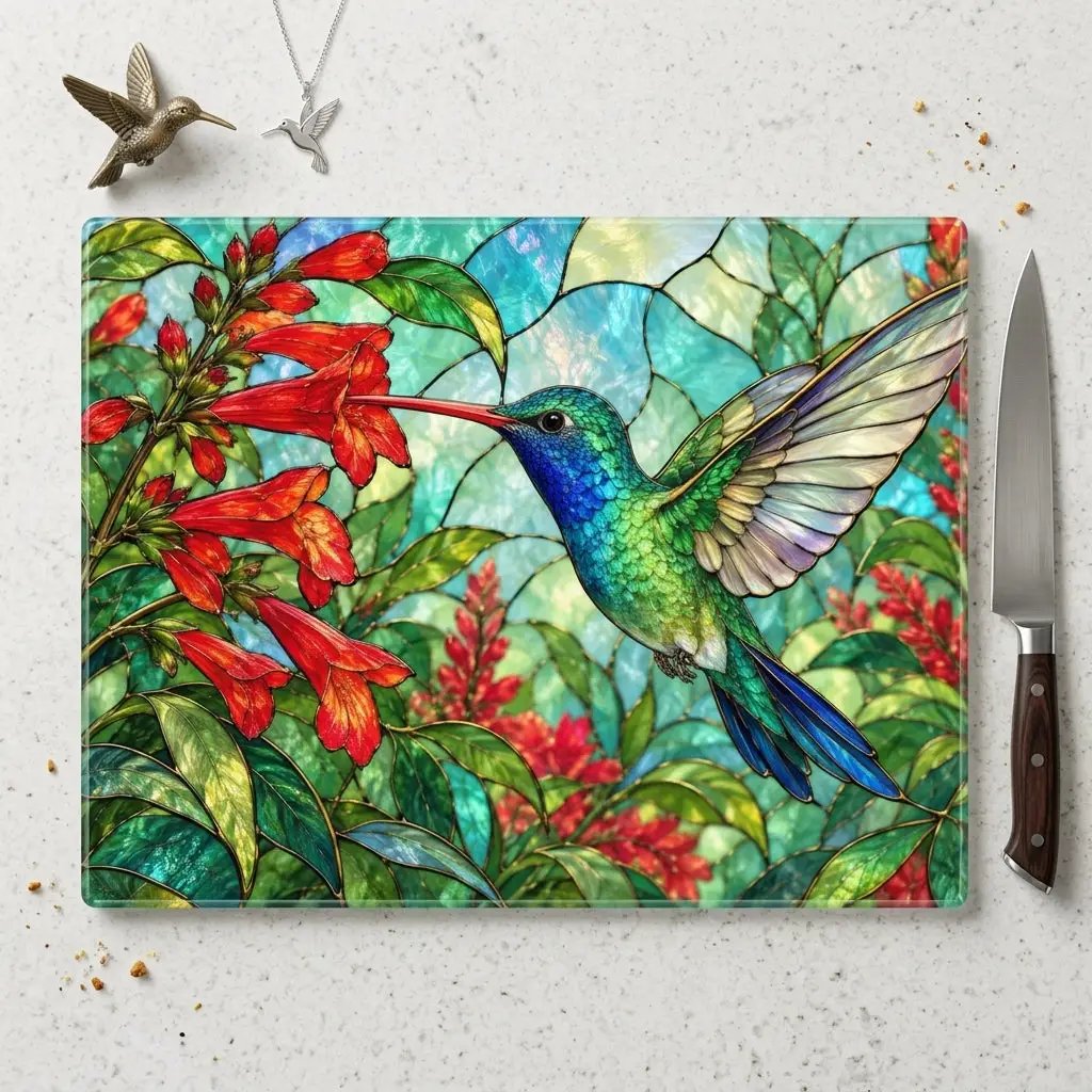 Hummingbird Cutting Board, Stained Glass Hummingbird Decor, Red Flower Kitchen Decor, Bird Lover Gift, Nature Inspired Gift