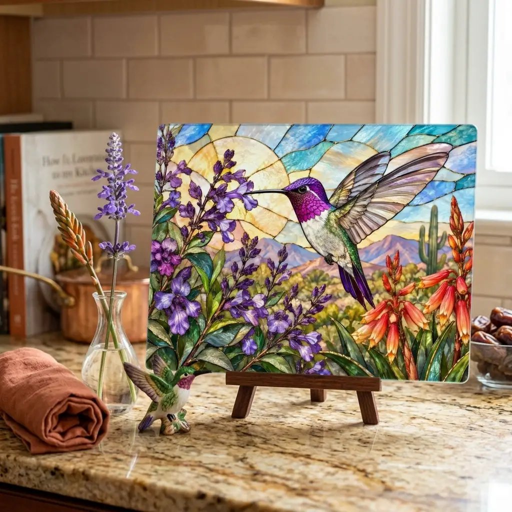 Hummingbird Cutting Board, Stained Glass Hummingbird Decor, Desert Wildflower Kitchen Decor, Bird Lover Gift, Southwest Decor