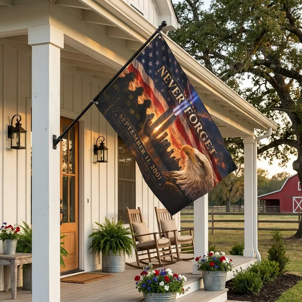 Twin Towers Patriotic Remembrance Flag, 9/11 Memorial Decor, Never Forget Double Sided Flag, September 11 Firefighter Tribute,