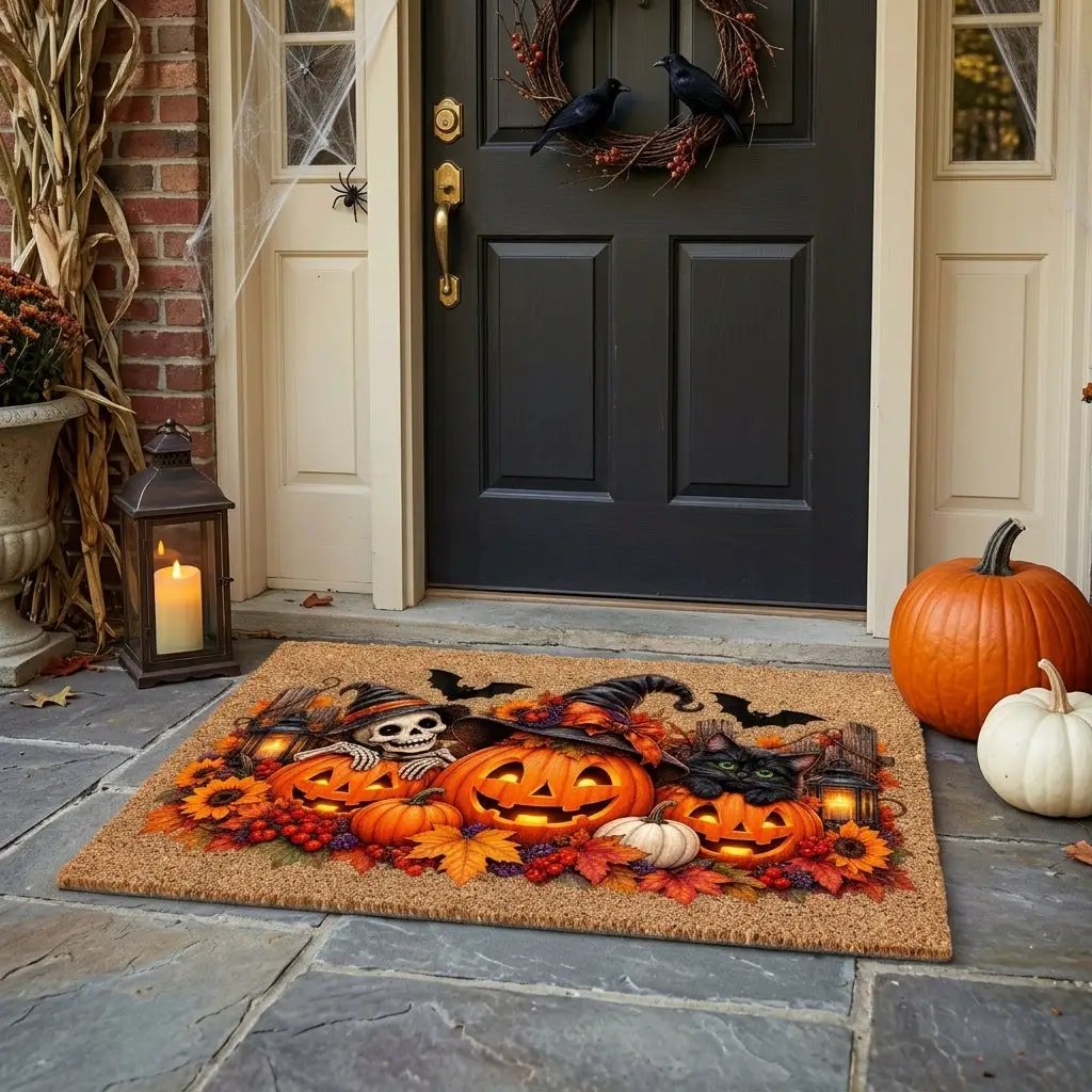 Halloween Doormat, Pumpkin Cat Skeleton Coir Mat, Spooky Fall Welcome Mat, Witch Pumpkin Door Mat, Halloween Porch Decor