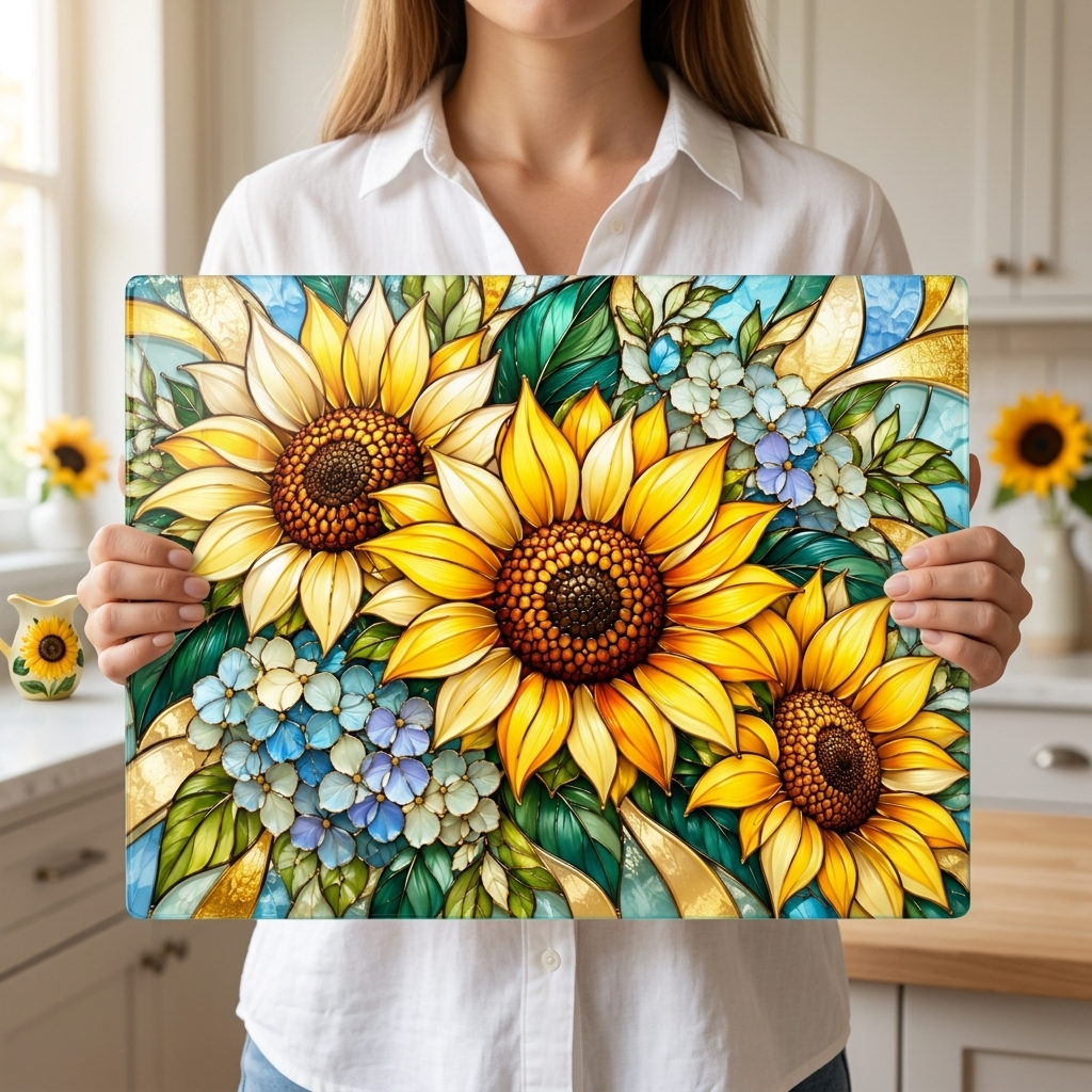 Sunflower Glass Cutting Board, Blue Hydrangea Kitchen Decor, Yellow Floral Cutting Board, Flower Lover Gift, Stained Glass Kitchen Art