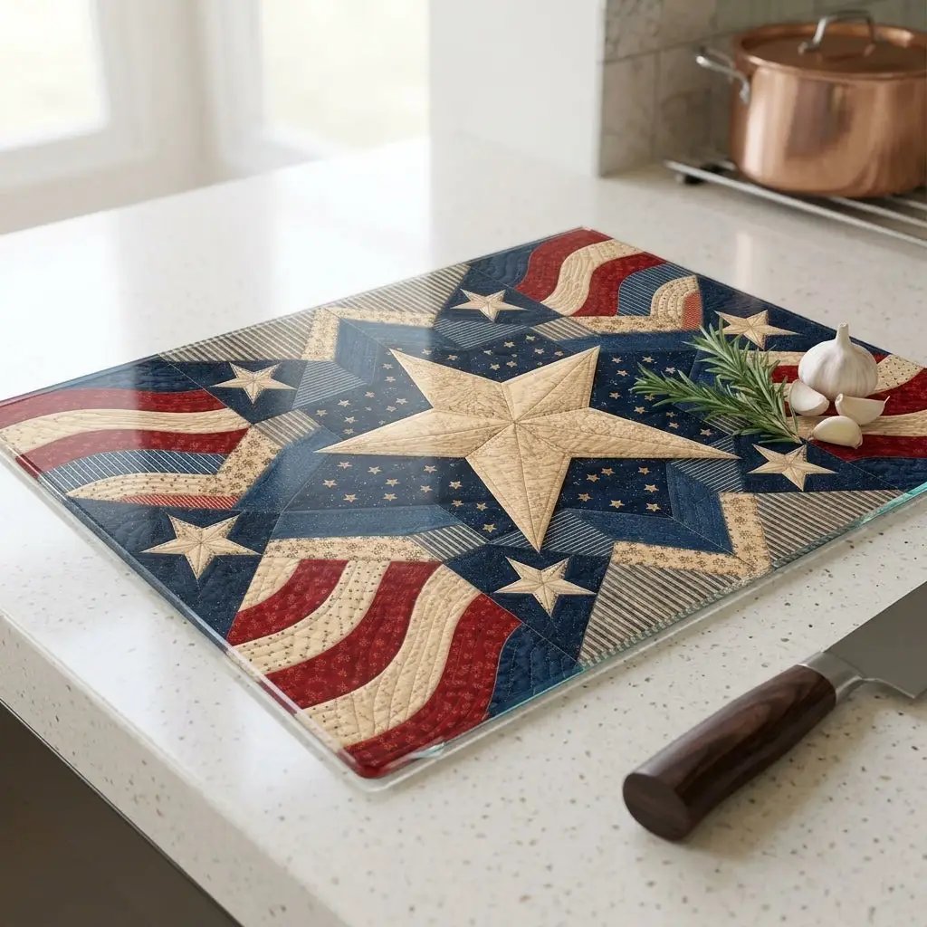Patriotic Quilt Cutting Board, American Flag Glass Cutting Board, Americana Star Kitchen Decor, Quilter Gift, Red White Blue Decor