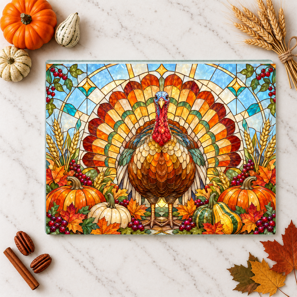 Thanksgiving Turkey Glass Cutting Board, Stained Glass Turkey Kitchen Decor, Fall Harvest Chopping Board, Thanksgiving Gift