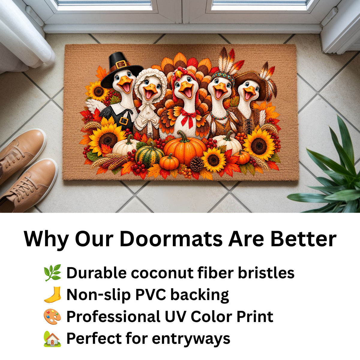 Thanksgiving Goose Doormat, Pilgrim Geese Welcome Mat, Funny Thanksgiving Porch Decor, Fall Coir Doormat, Harvest Front Door Mat