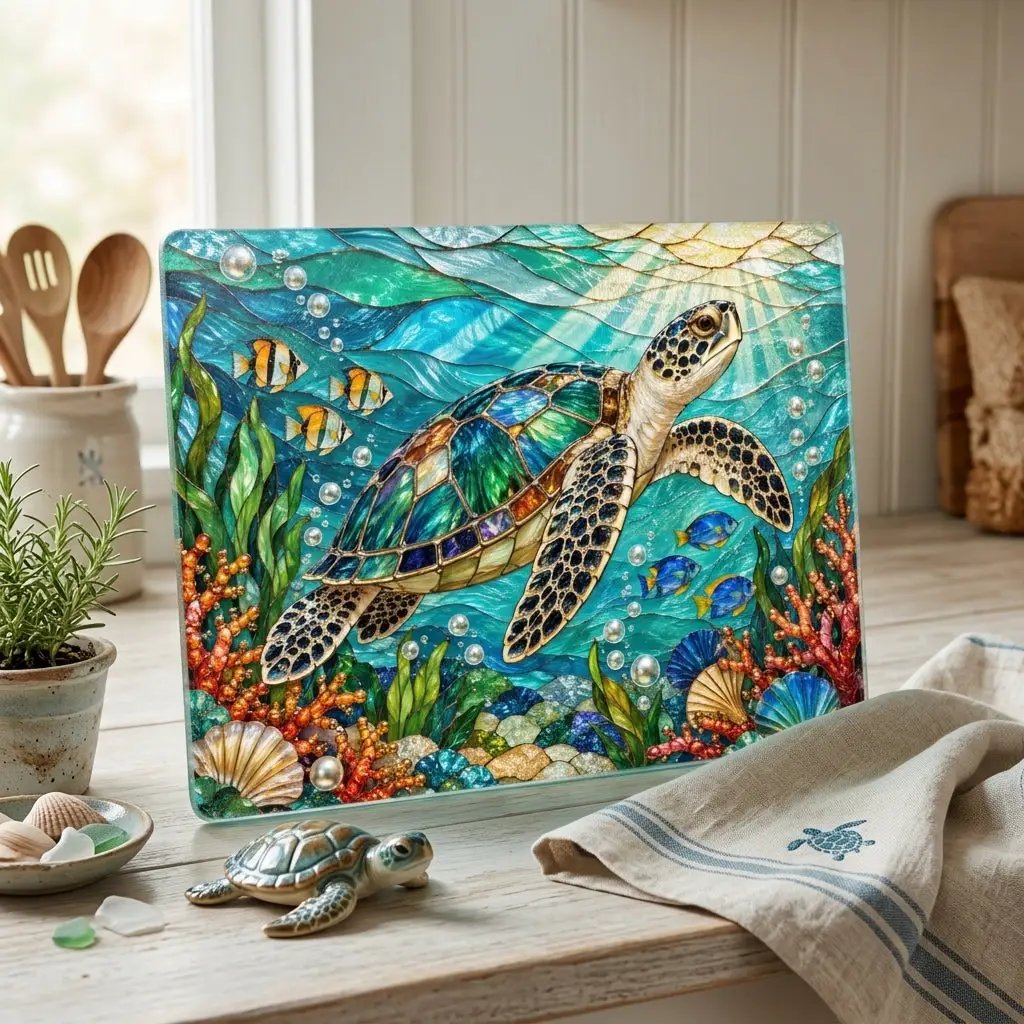 Sea Turtle Cutting Board, Ocean Kitchen Decor, Underwater Glass Chopping Board, Coastal Beach House Gift, Marine Life Kitchen Accent