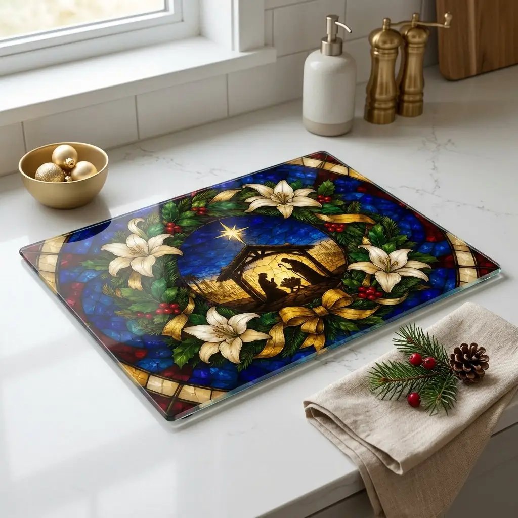 Nativity Glass Cutting Board, Stained Glass Christmas Decor, Holy Family Christian Kitchen Gift, Religious Christmas Cutting Board