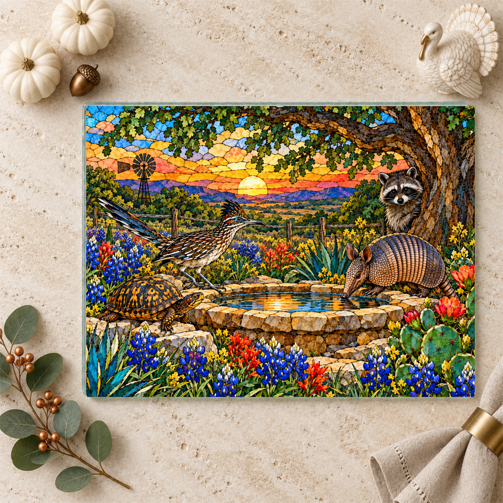 Texas Wildlife Glass Cutting Board, Roadrunner Armadillo Raccoon Bluebonnet Kitchen Decor, Waterhole Texas Gift, Colorful Southwest Art