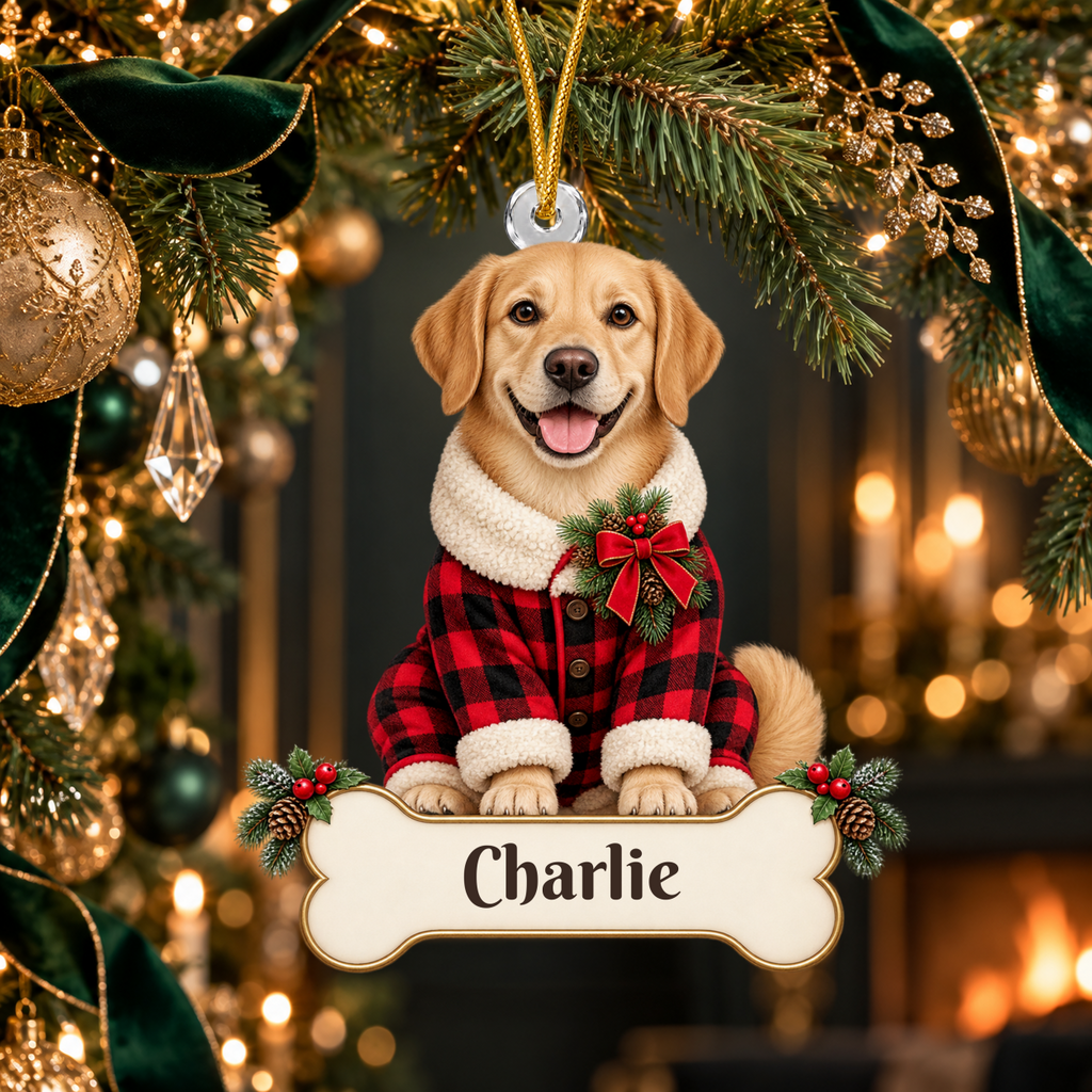 Personalized Dog Buffalo Plaid Pajamas Christmas Ornament from Photo, Custom Pet Portrait Acrylic Ornament, Rustic Holiday Dog Lover Gift