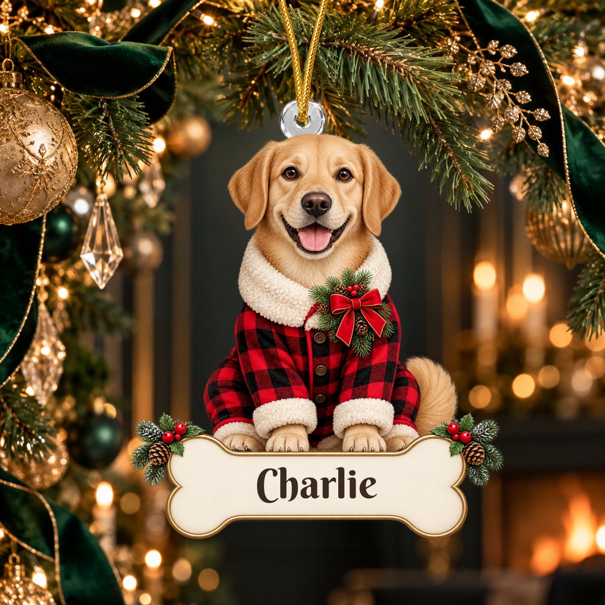Personalized Dog Buffalo Plaid Pajamas Christmas Ornament from Photo, Custom Pet Portrait Acrylic Ornament, Rustic Holiday Dog Lover Gift