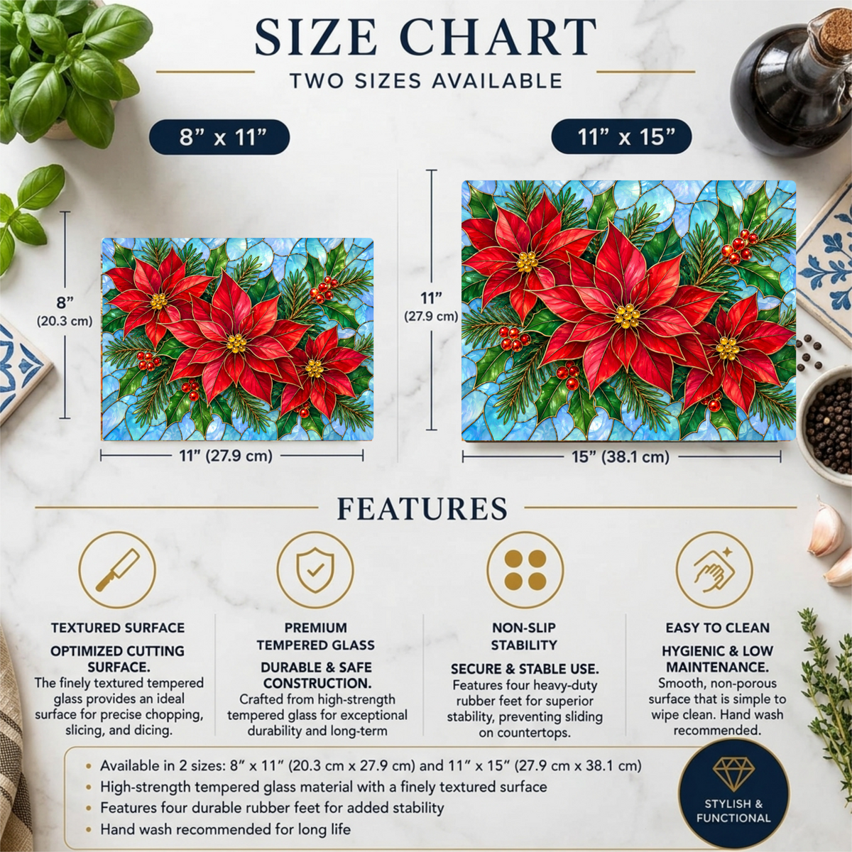 Christmas Poinsettia Glass Cutting Board, Evergreen Holiday Kitchen Decor, Red Floral Serving Board, Festive Winter Cooking Gift Idea