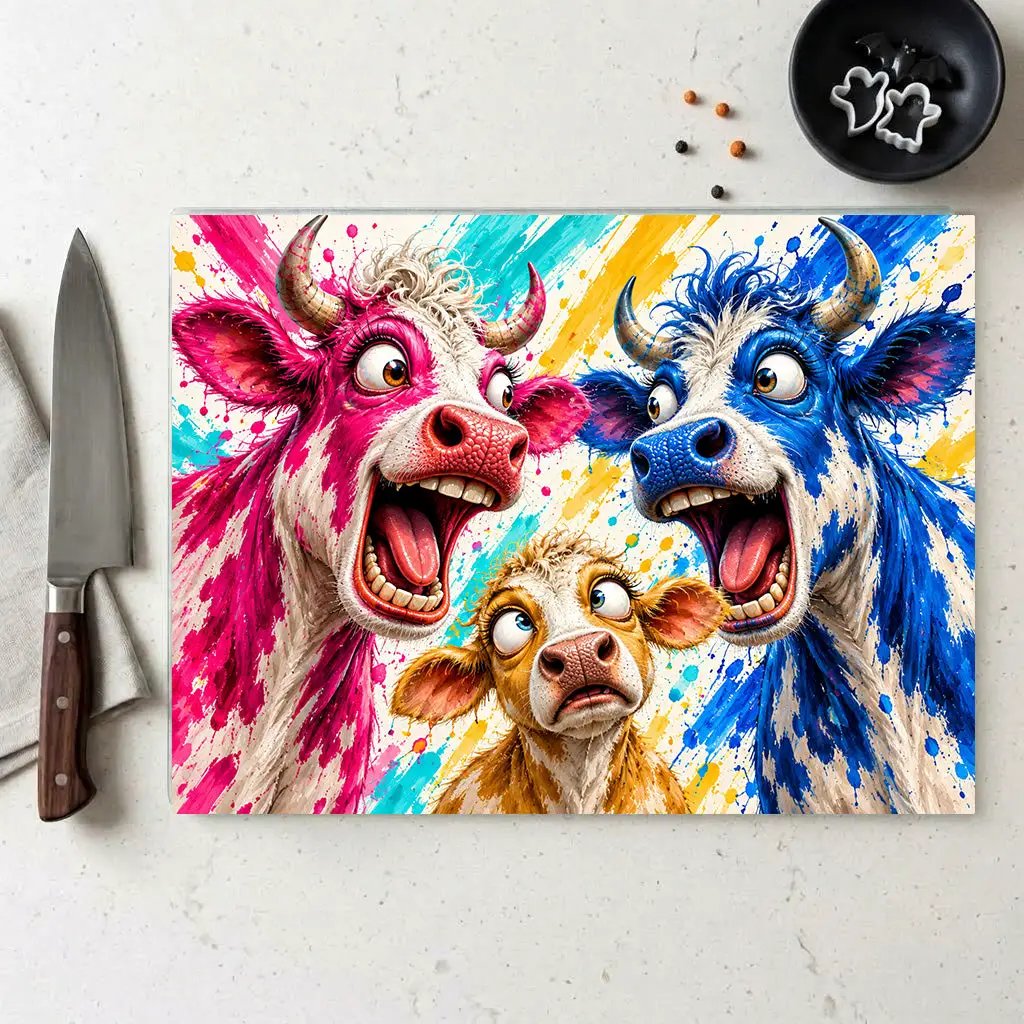 Funny Cow Family Cutting Board, Screaming Cow Kitchen Decor, Colorful Farmhouse Gift, Cow Lover Glass Cutting Board