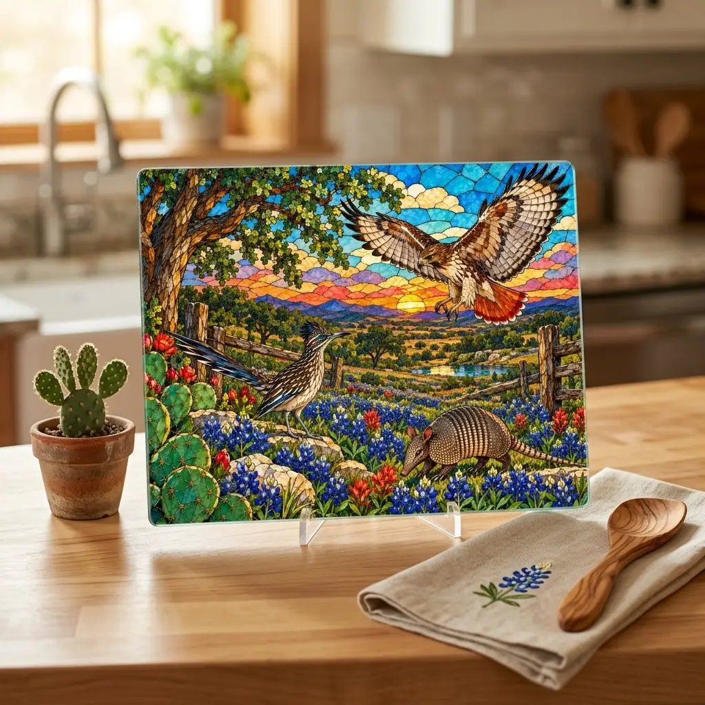 Texas Wildlife Glass Cutting Board, Roadrunner, Armadillo, Hawk Art, Bluebonnet Kitchen Decor, Hill Country Gift, Texas Wildlife Decor