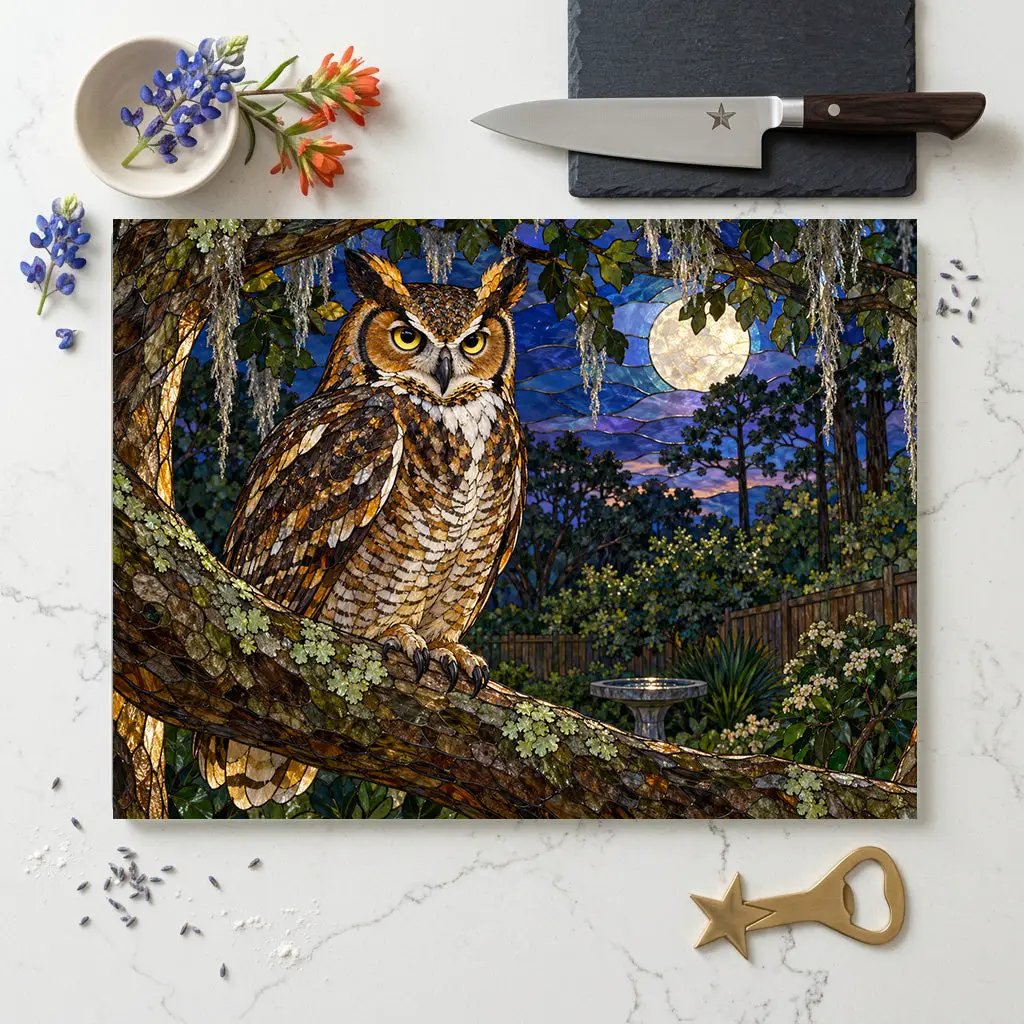 Great Horned Owl Glass Cutting Board, Owl Kitchen Decor, Backyard Bird Lover Gift, Birdwatcher Gift, Woodland Serving Board