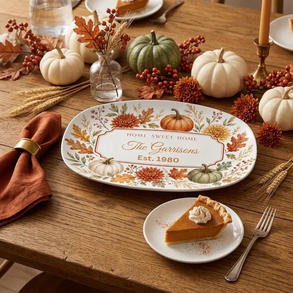 Personalized Thanksgiving Platter, Custom Family Name Serving Platter, Fall Pumpkin Serving Tray, Thanksgiving Hostess Gift