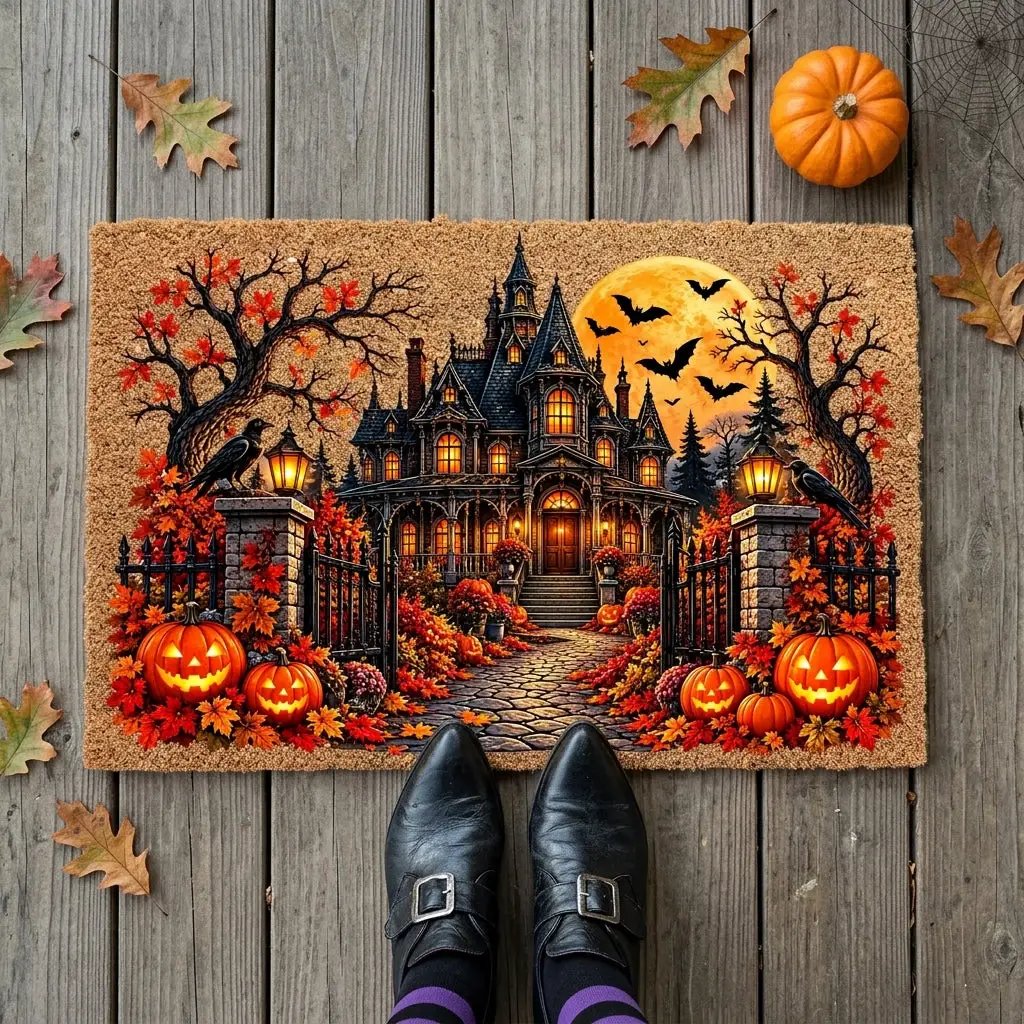 Spooky Mansion Doormat, Haunted House Halloween Welcome Mat, Raven & Pumpkin Coir Doormat, Gothic Fall Porch Decor, Halloween Door Mat