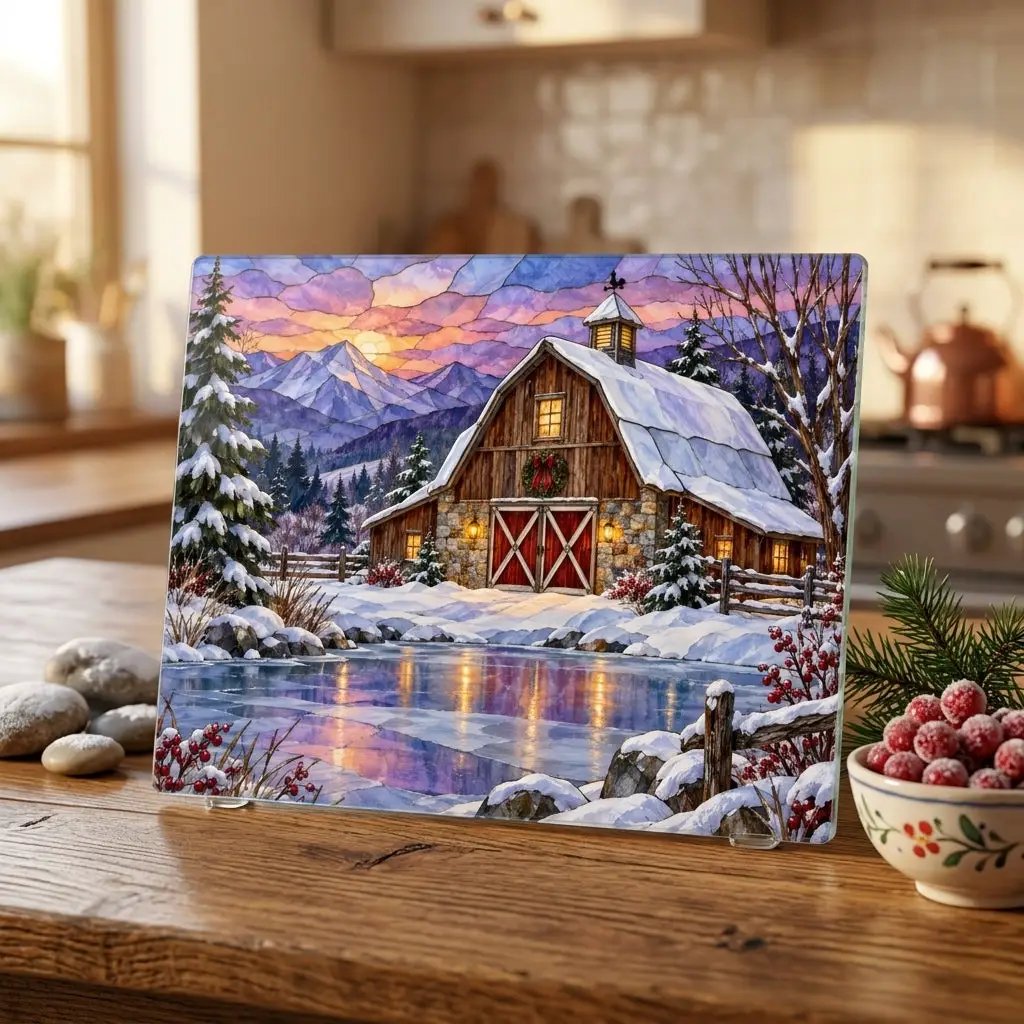 Evergreen Winter Barn Glass Cutting Board, Country Farmhouse Kitchen Decor, Snowy Mountain Barn Christmas Gift