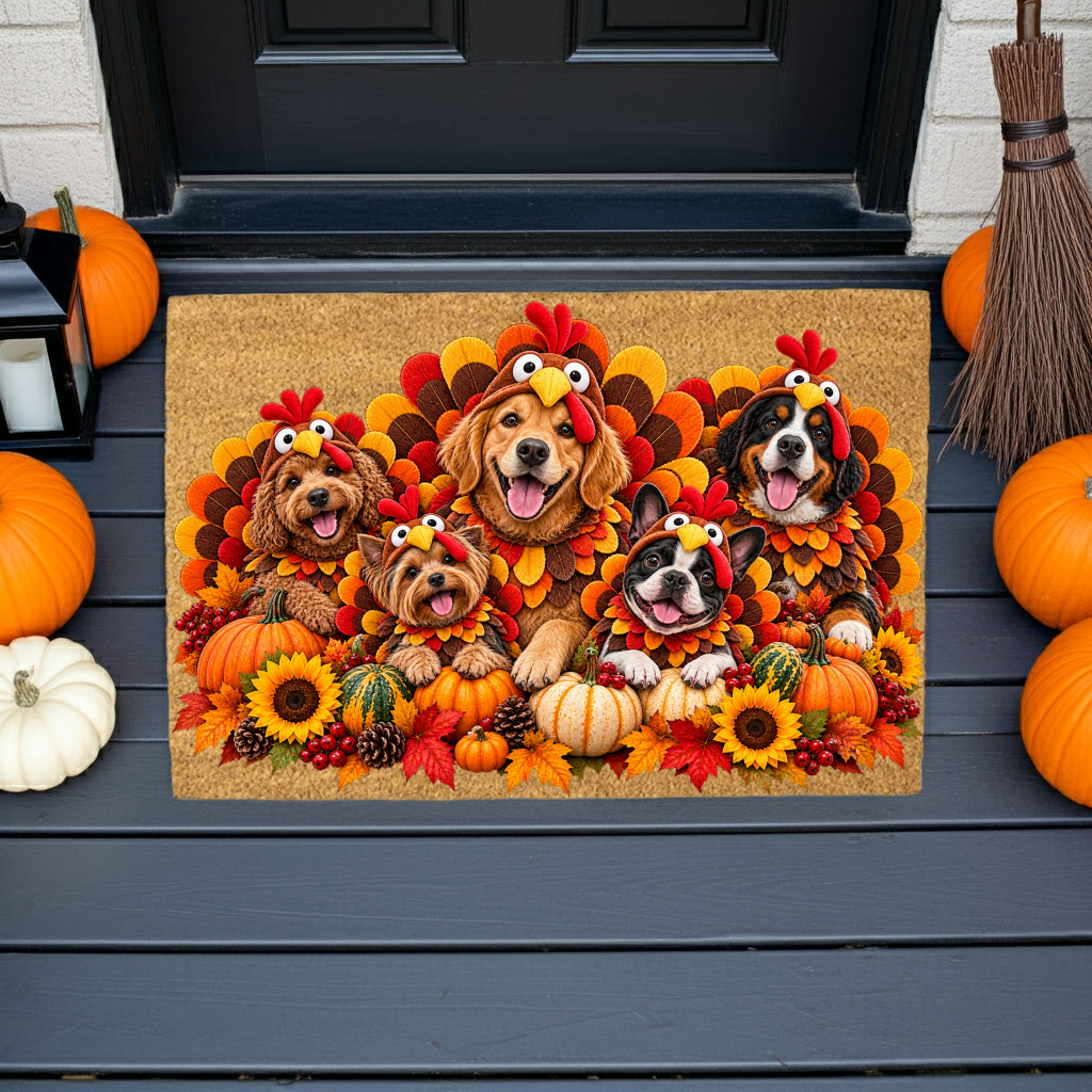 Thanksgiving Dog Doormat, Dogs in Turkey Costumes Coir Mat, Funny Fall Welcome Mat, Dog Lover Gift, Thanksgiving Porch Decor