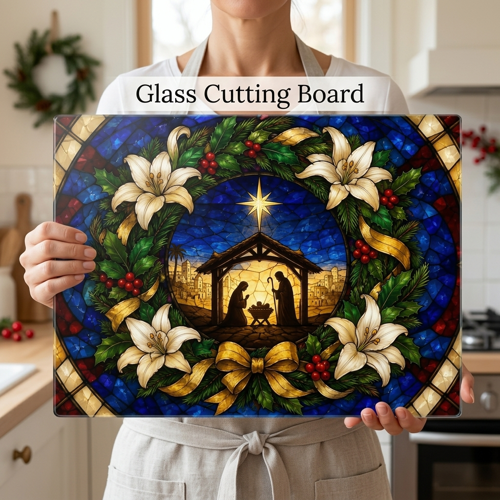 Nativity Glass Cutting Board, Stained Glass Christmas Decor, Holy Family Christian Kitchen Gift, Religious Christmas Cutting Board