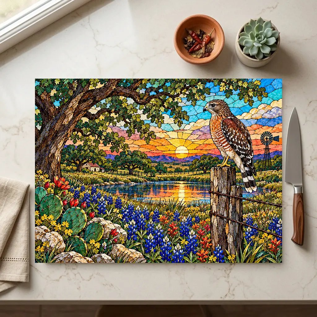Red Shouldered Hawk Glass Cutting Board, Texas Wildlife Kitchen Decor, Bluebonnet Hawk Art, Bird Lover Gift, Rustic Texas Gift