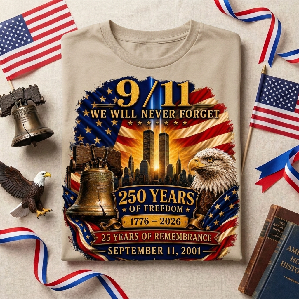 9/11 Memorial Shirt 25th Anniversary, Never Forget T-Shirt, 250 Years of Freedom 1776-2026, September 11 Remembrance Patriotic Tee
