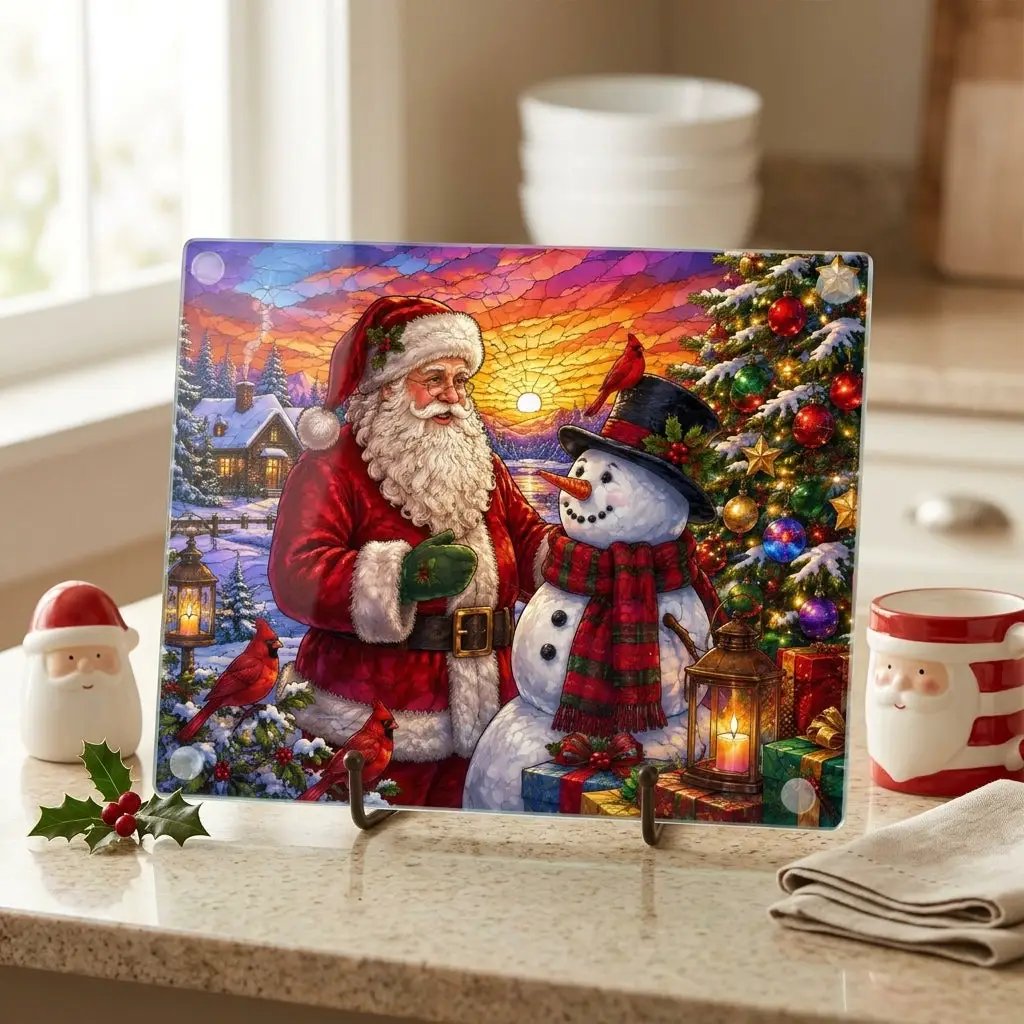 Santa and Snowman Glass Cutting Board, Christmas Kitchen Decor, Cardinal Holiday Gift, Stained Glass Christmas Serving Board, Santa Decor