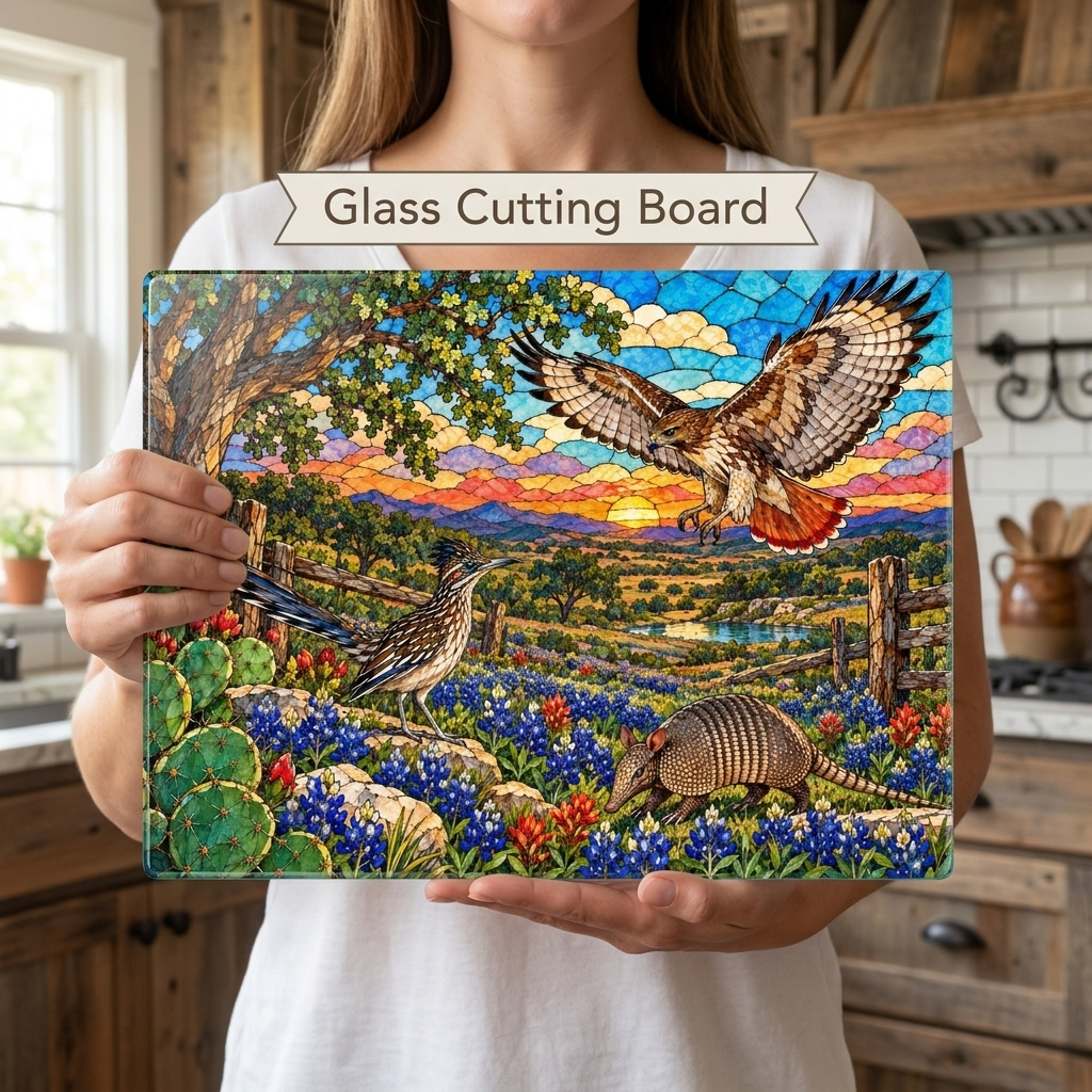 Texas Wildlife Glass Cutting Board, Roadrunner, Armadillo, Hawk Art, Bluebonnet Kitchen Decor, Hill Country Gift, Texas Wildlife Decor