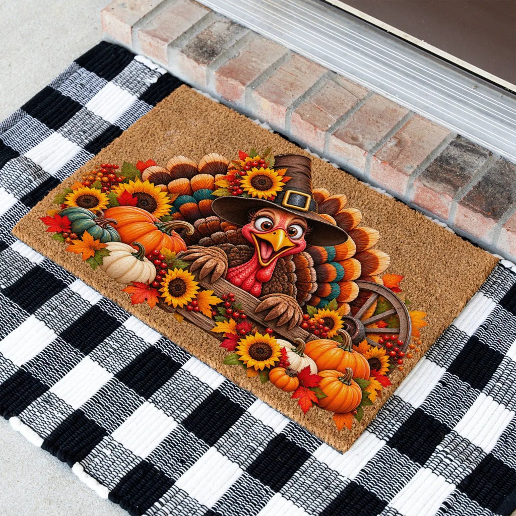 Thanksgiving Turkey Doormat, Funny Turkey Coir Mat, Fall Harvest Welcome Mat, Pumpkin & Sunflower Porch Decor, Thanksgiving Door Mat