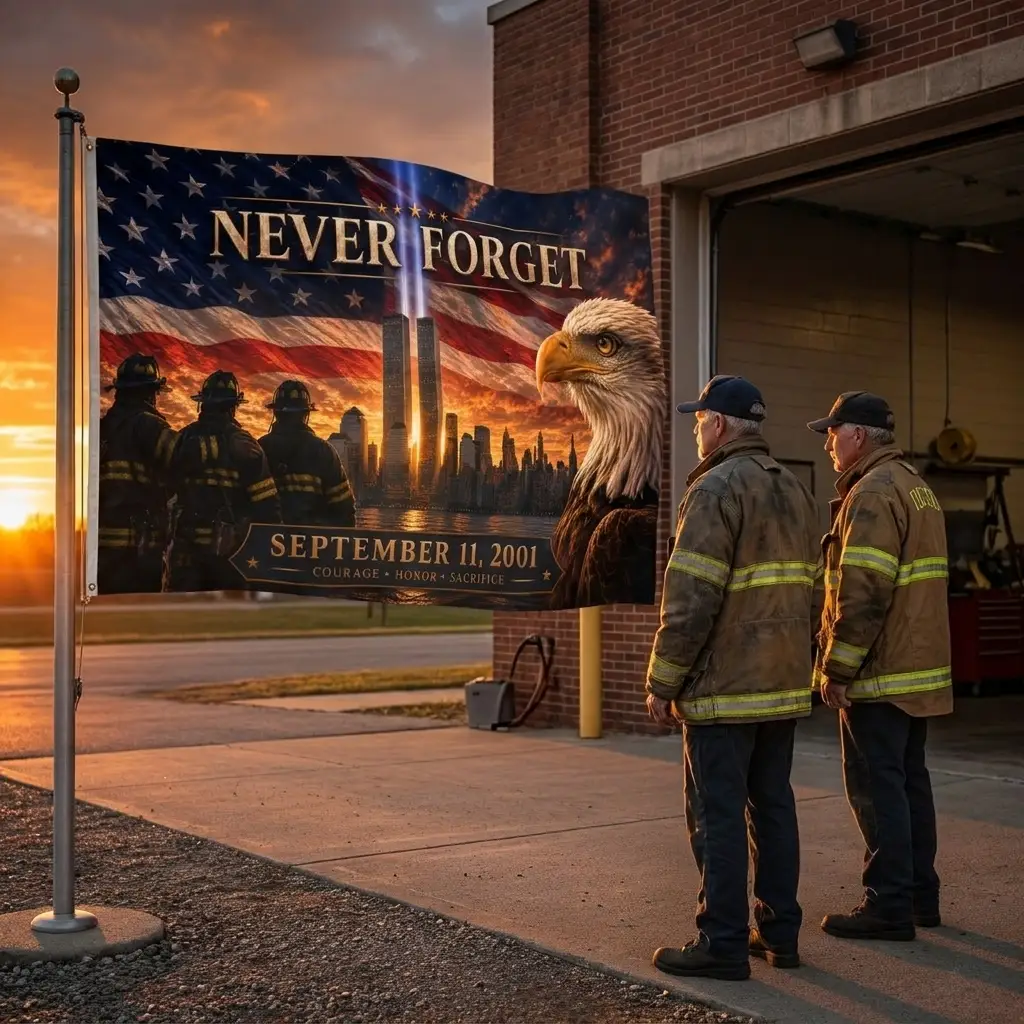 Twin Towers Patriotic Remembrance Flag, 9/11 Memorial Decor, Never Forget Double Sided Flag, September 11 Firefighter Tribute,