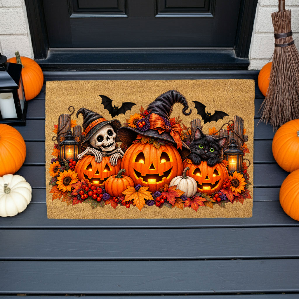 Halloween Doormat, Pumpkin Cat Skeleton Coir Mat, Spooky Fall Welcome Mat, Witch Pumpkin Door Mat, Halloween Porch Decor