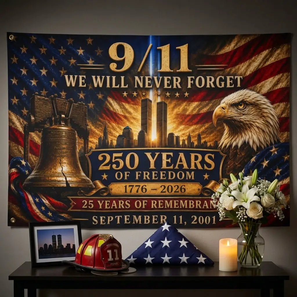 9/11 25th Anniversary Flag, 250 Years of Freedom 1776-2026, Double Sided September 11 Memorial Flag, America 250 Decor