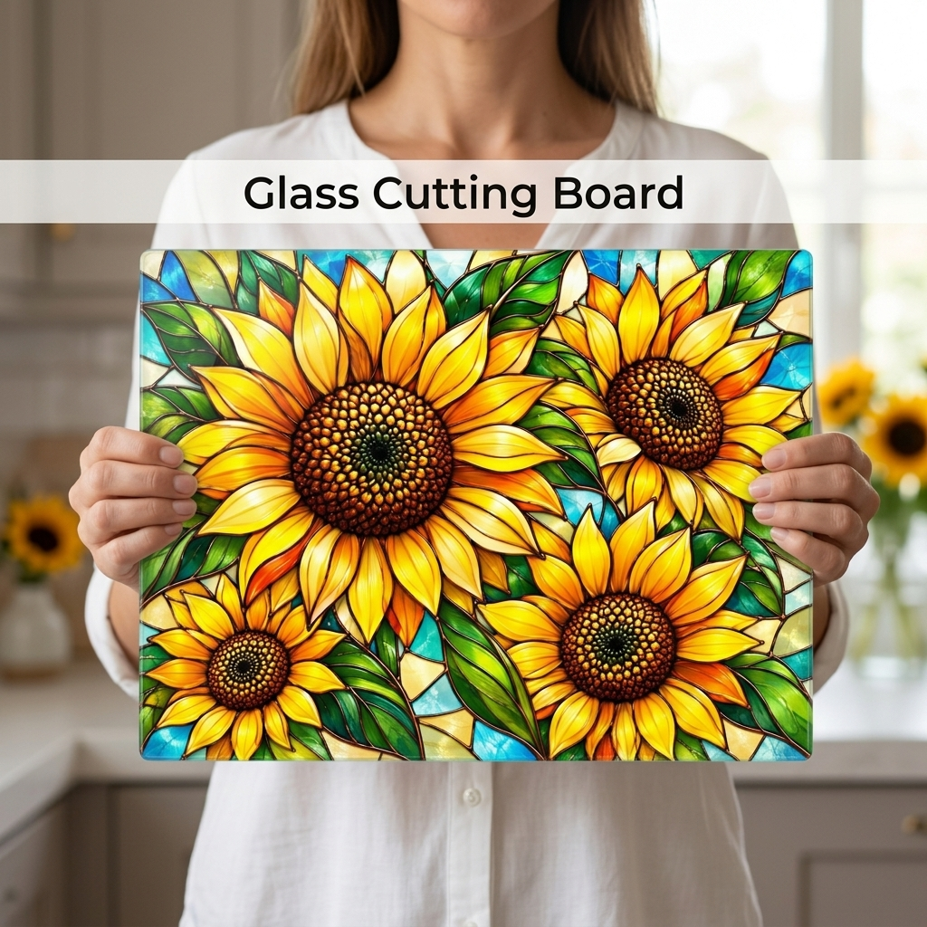 Sunflower Glass Cutting Board, Bold Floral Kitchen Decor, Stained Glass Sunflower Art, Yellow Flower Cutting Board, Sunflower Lover Gift