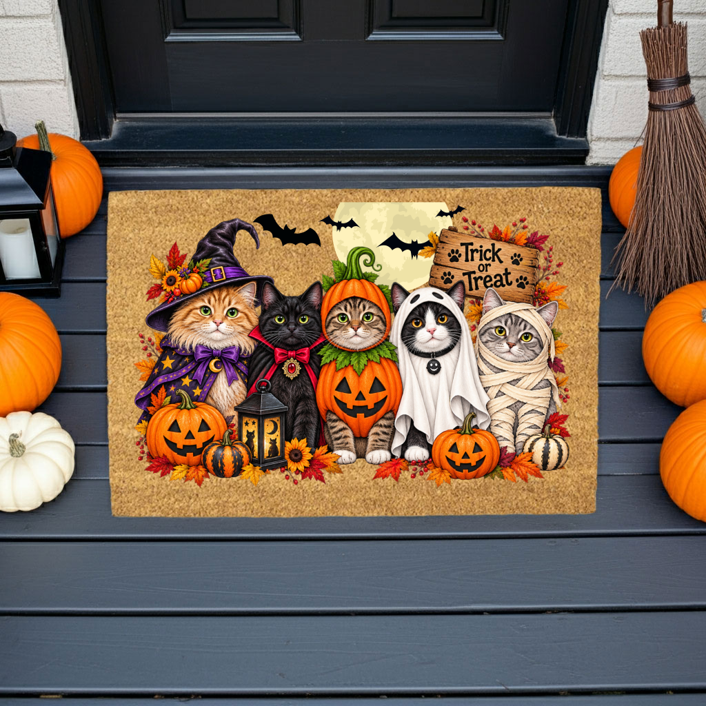 Halloween Cat Doormat, Funny Costumed Cats Coir Welcome Mat, Trick or Treat Porch Decor, Fall Cat Lover Gift, Spooky Front Door Mat