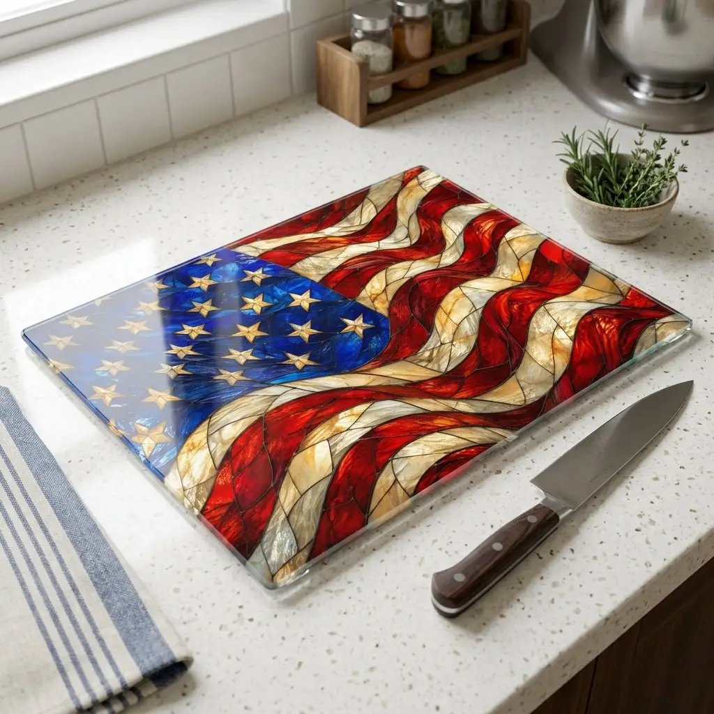 American Patriotic Flag Glass Cutting Board, Stained Glass Style USA Flag, Americana Kitchen Decor, Patriotic Gift