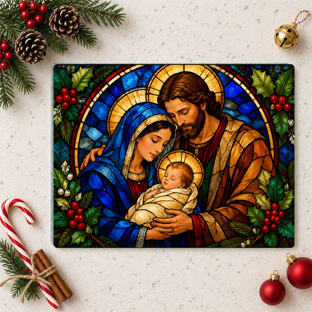 Holy Family Glass Cutting Board, Christian Christmas Gift, Nativity Kitchen Decor, Mary Joseph Baby Jesus, Religious Christmas Decor