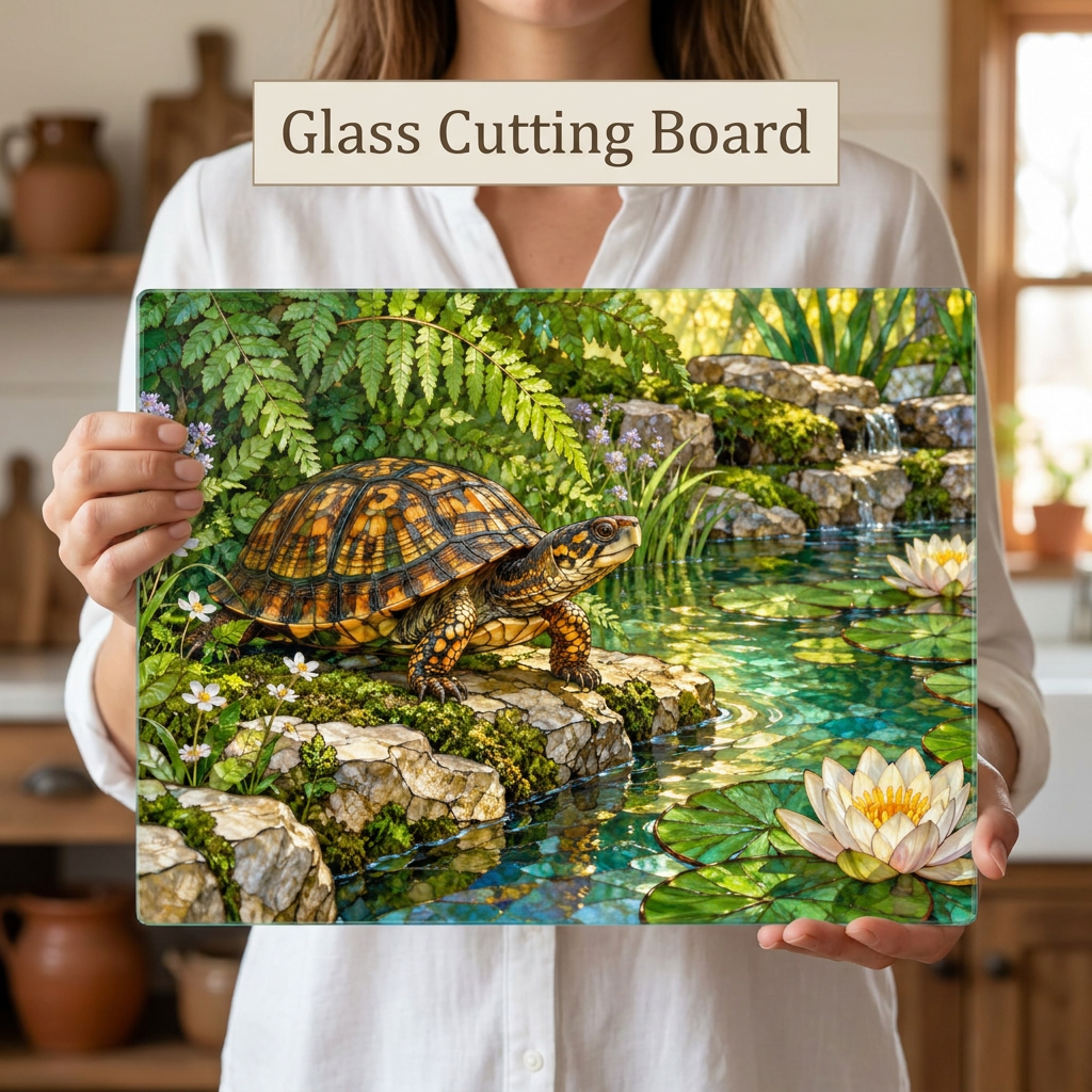 Box Turtle Glass Cutting Board, Pond Nature Kitchen Decor, Reptile Lover Gift, Wildlife Chopping Board, Decorative Tempered Glass Board