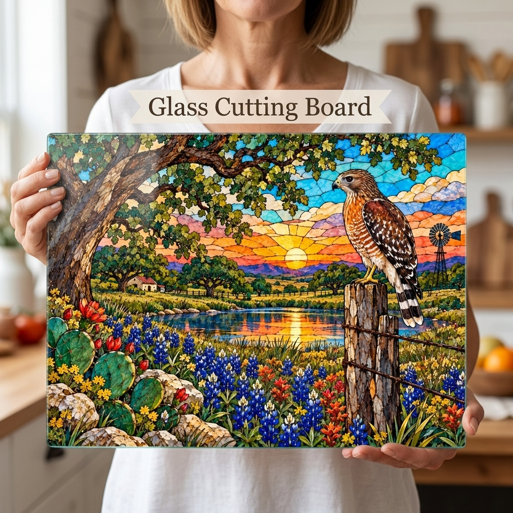 Red Shouldered Hawk Glass Cutting Board, Texas Wildlife Kitchen Decor, Bluebonnet Hawk Art, Bird Lover Gift, Rustic Texas Gift
