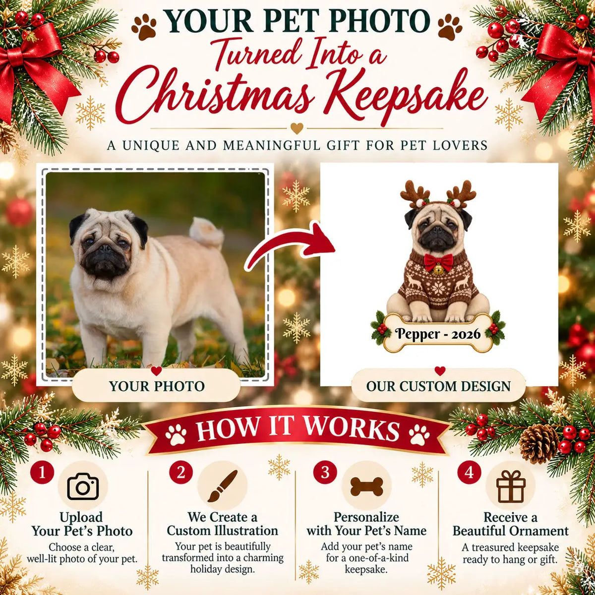 Personalized Reindeer Dog Christmas Ornament from Photo, Custom Pet Portrait Acrylic Cutout, Dog with Antlers Holiday Gift, Dog Lover Keepsake