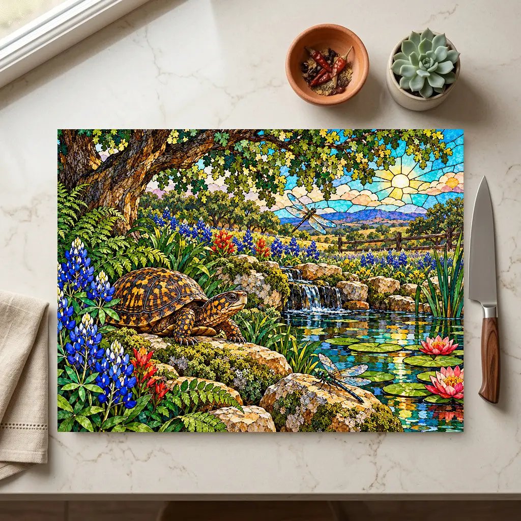 Box Turtle Glass Cutting Board, Texas Bluebonnet Kitchen Decor, Turtle and Dragonfly Gift, Wildlife Garden Cutting Board, Nature Decor