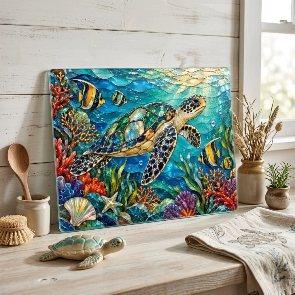 Sea Turtle Reef Glass Cutting Board, Ocean Kitchen Decor, Underwater Coral Sea Life Chopping Board, Coastal Housewarming Gift Idea
